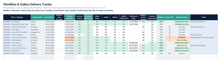 Workflow tracker: contract, retainer, shoot, cull, edit, gallery delivered, album and review steps with a progress percentage and delivery deadline.