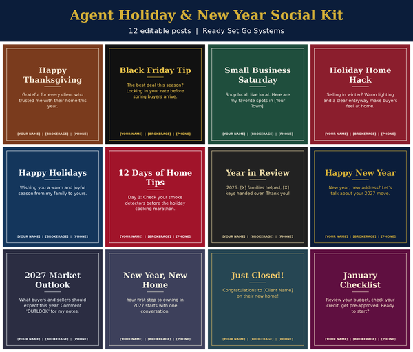 Preview grid of the 12 Agent Holiday and New Year social posts, from Happy Thanksgiving to January Checklist.