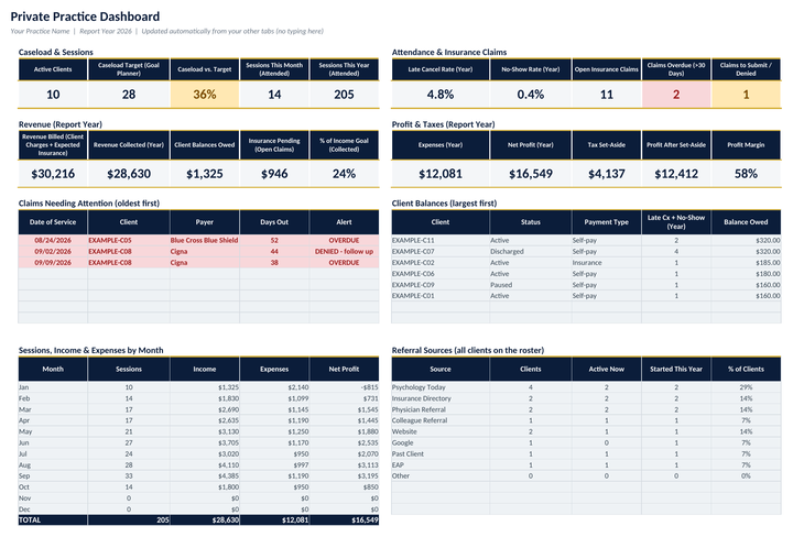 Dashboard: caseload, sessions, late-cancel and no-show rates, claims, revenue and profit at a glance.