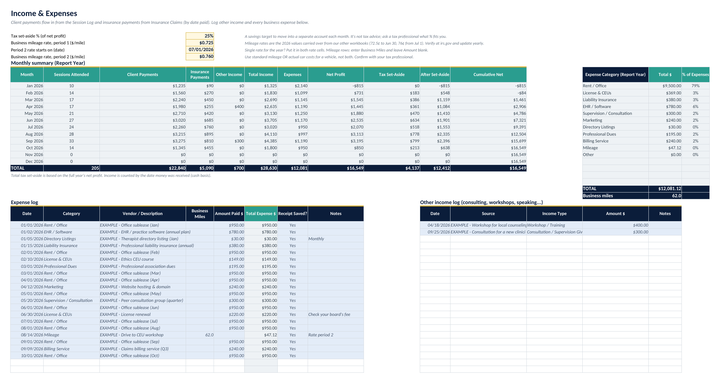 Income and expenses: client and insurance payments by month, other income, expenses by category and a tax set-aside.